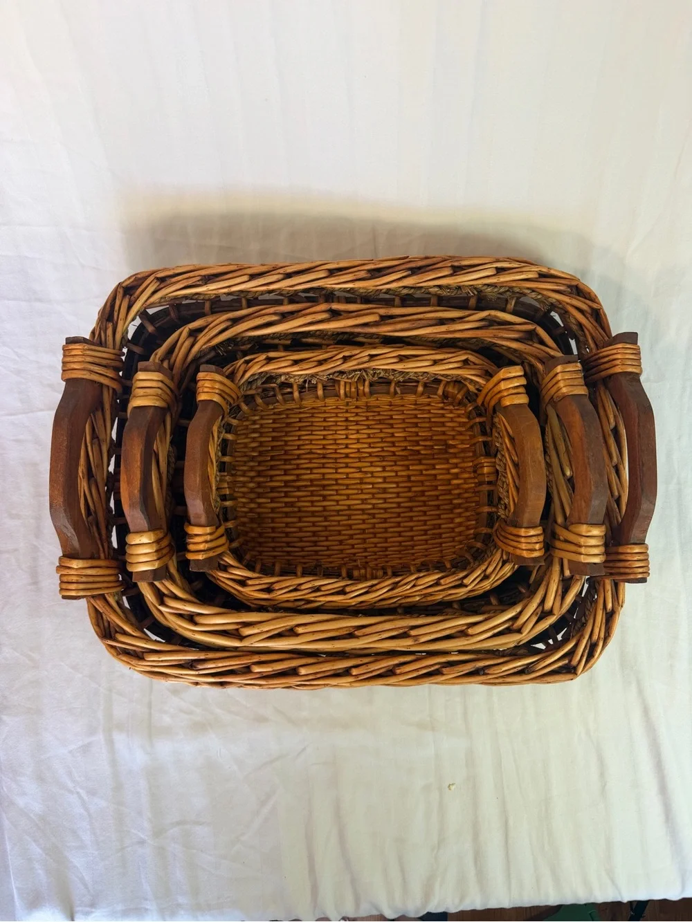 Vintage Wicker Rattan Nesting Baskets Set of 3 Wood Handles Braided Trim Cottage